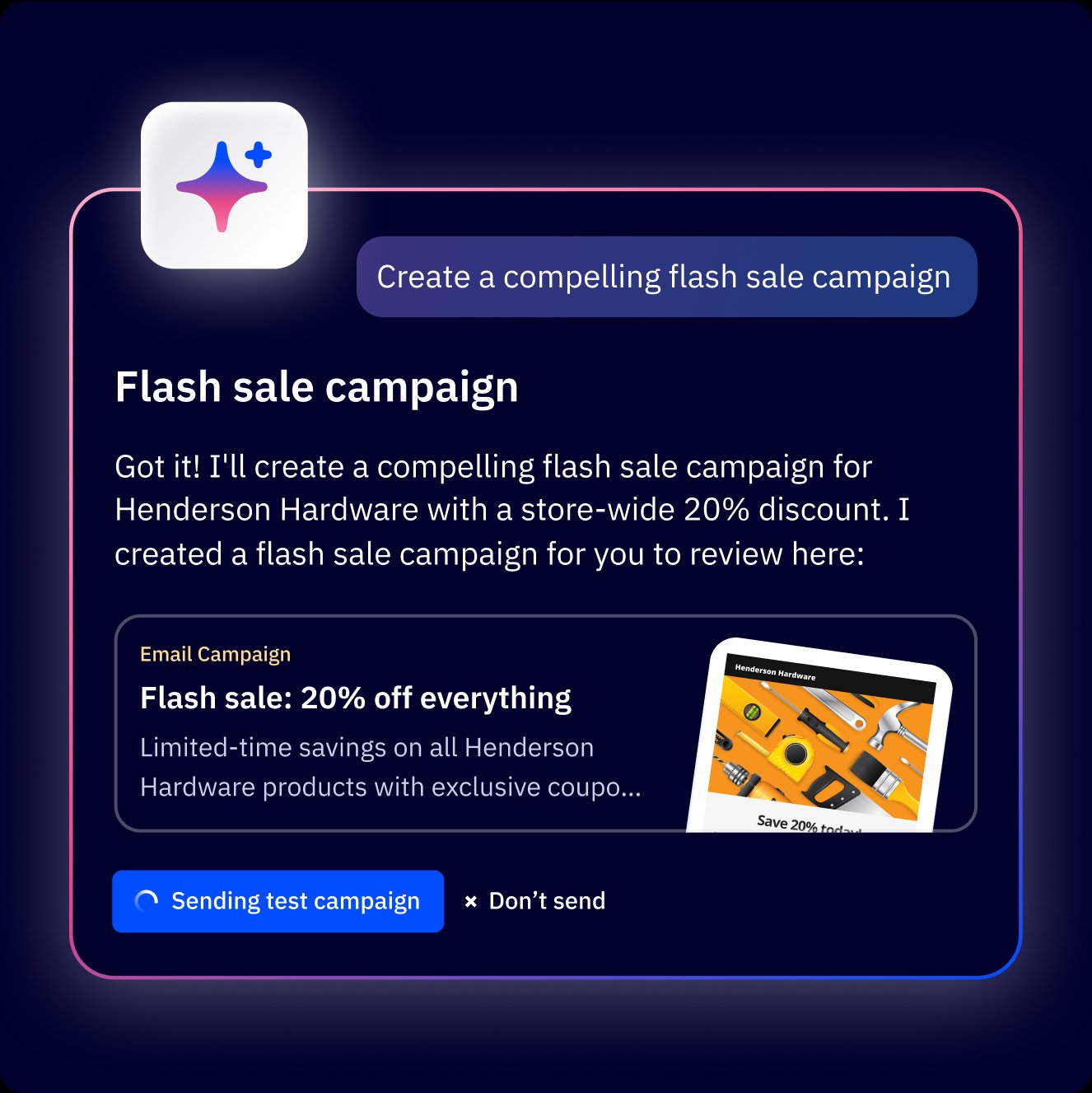 ActiveCampaign AI Campaign Builder: a user types 'Create a compelling flash sale campaign' and the platform instantly generates a complete Flash Sale email campaign ready to send